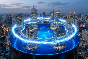 Firefly_Gemini Flash_crear imagen de render 3d de 6 modelos de edificios como corporativos ubicados de for 22042